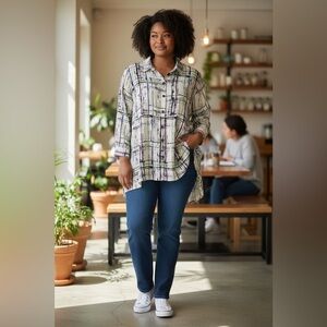 Liv Plaid Button-Up Tunic Shirt. Size Large.